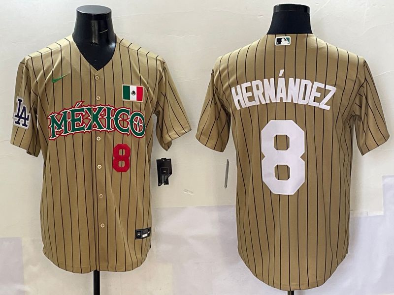 Men Los Angeles Dodgers #8 Hernandez Brown Stripe Mexico Joint Name 2025 Nike MLB Jersey style 10